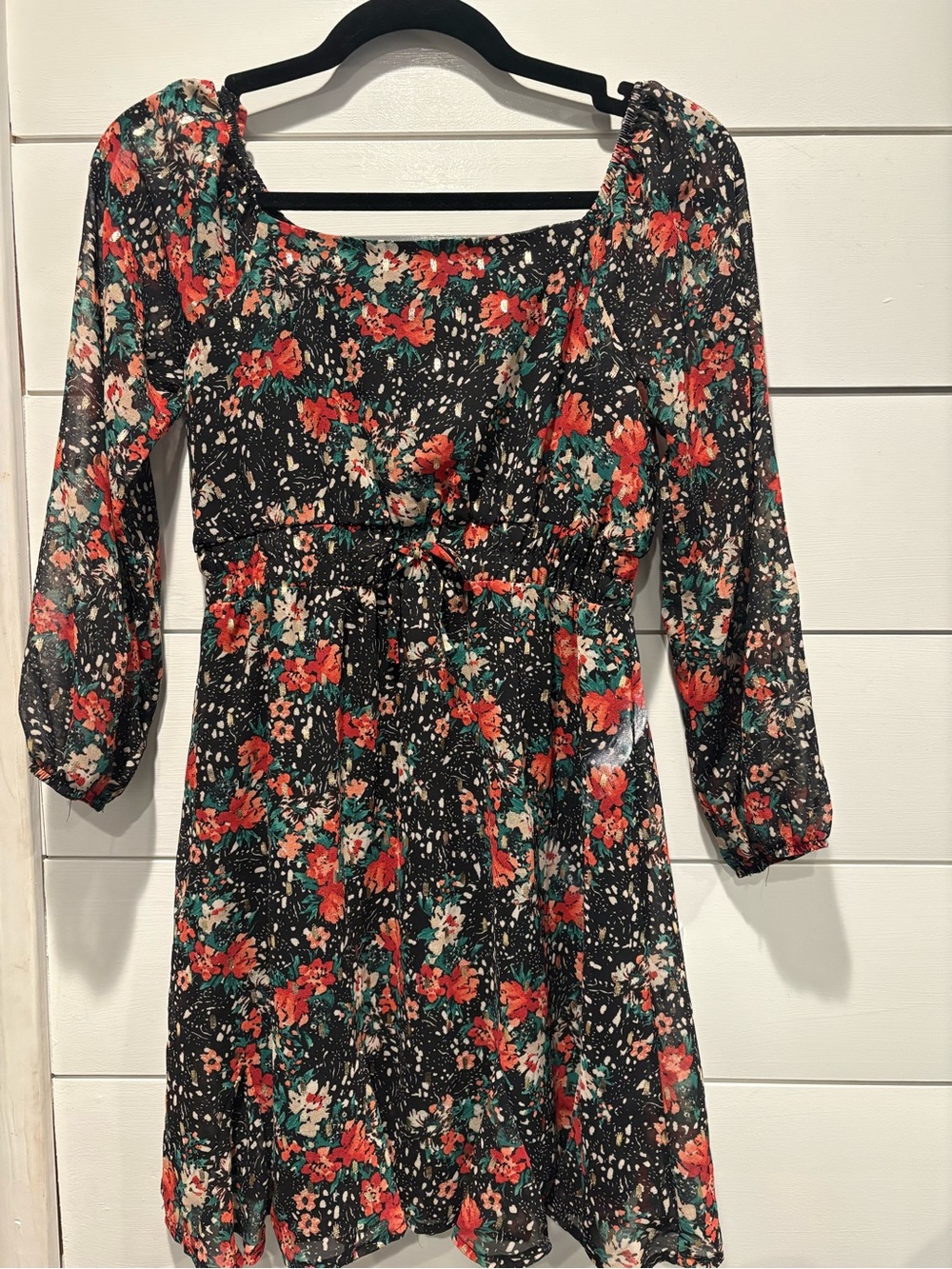 Three Hearts Black Floral Long Sleeve Babydoll Dress with Red & Green Print